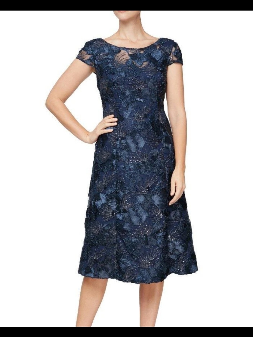 Alex Evenings Elegant Navy Lace A-Line Dress with Cap Sleeves